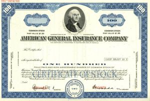 American General Insurance Co. - Bought out by AIG in 2001 - Specimen Stock Certificate